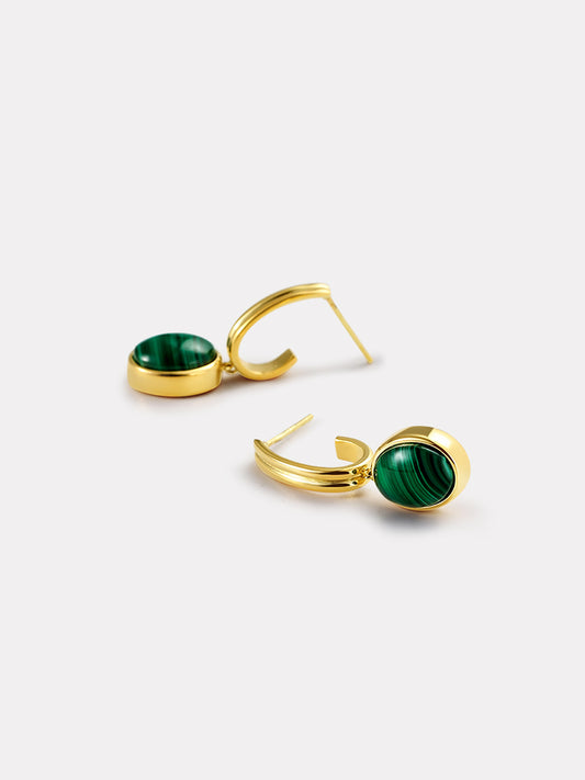 Oval Malachite Charm Hoop Earrings