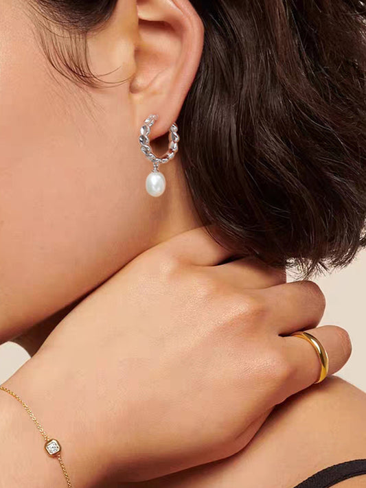 Fine Pearl Drop Mini Hoop Earrings MOSSETTA Jewelry