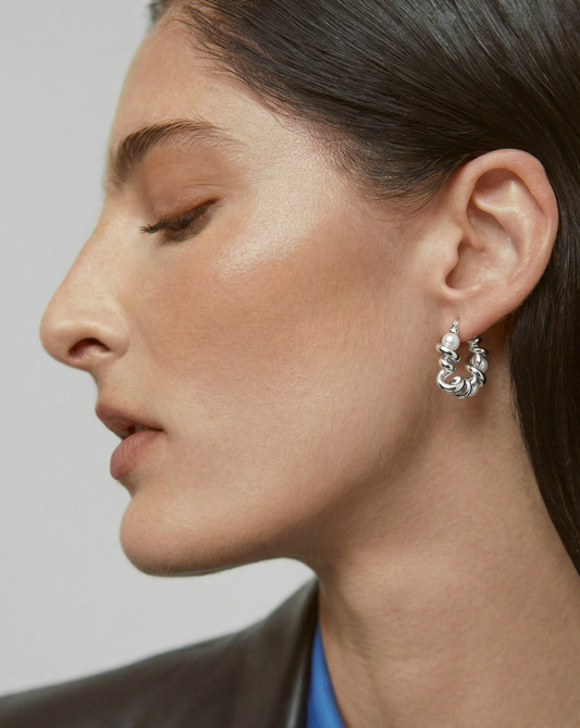 Silver Twisted Pearl Huggies MOSSETTA jewelry